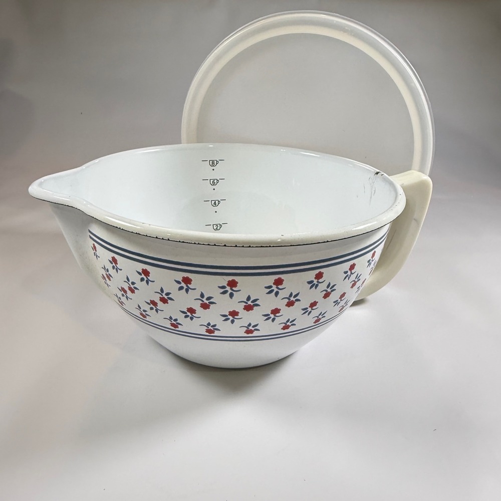 VTG M. Kamenstein Enamel Mixing Bowl Batter Pitcher Lid 8 Cup Floral Cottagecore